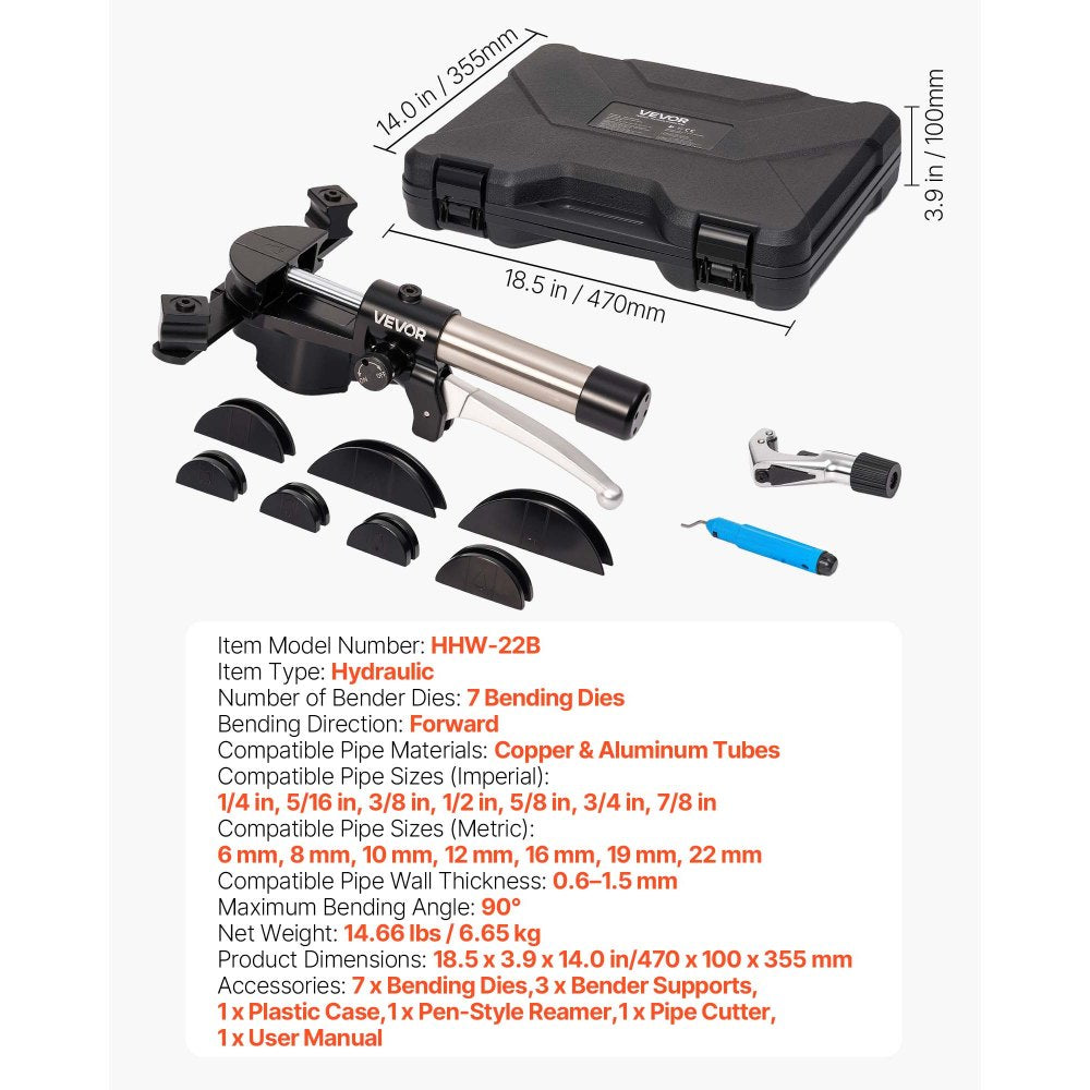 VEVOR Hydraulic Tubing Bender Kit, 1/4 to 7/8 Inch, Copper Tube Pipe Bender, HVAC Bending Tool Set, 90° Bend, with 7 Aluminium Alloy Dies, for HVAC Air Conditioning Refrigeration Automotive Repair