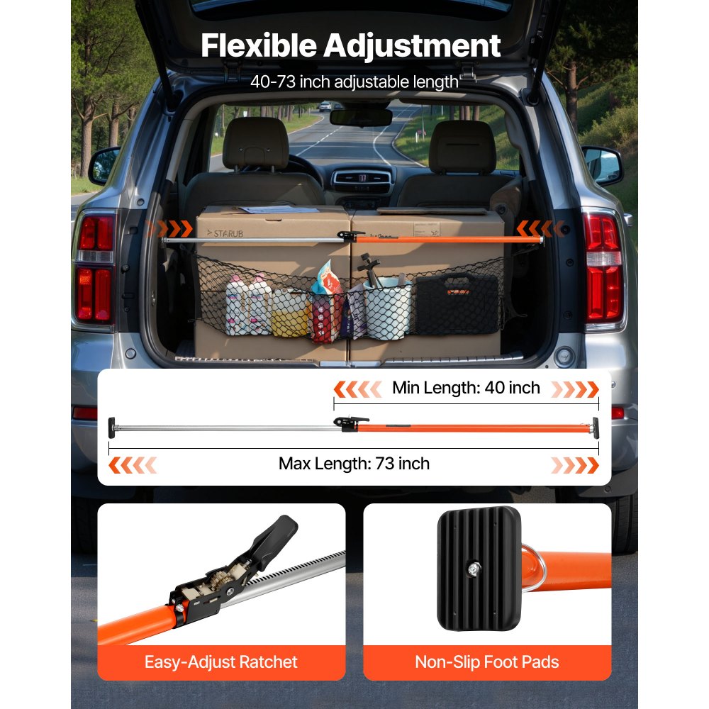 VEVOR Cargo Bar, Cargo Bar Adjustable from 40" to 73", Heavy-duty Steel Cargos Stabilizer with Storage Net & Non-Slip Foot Pads, Telescoping Load Lock Bars Stop Sliding for SUVs, Sedans