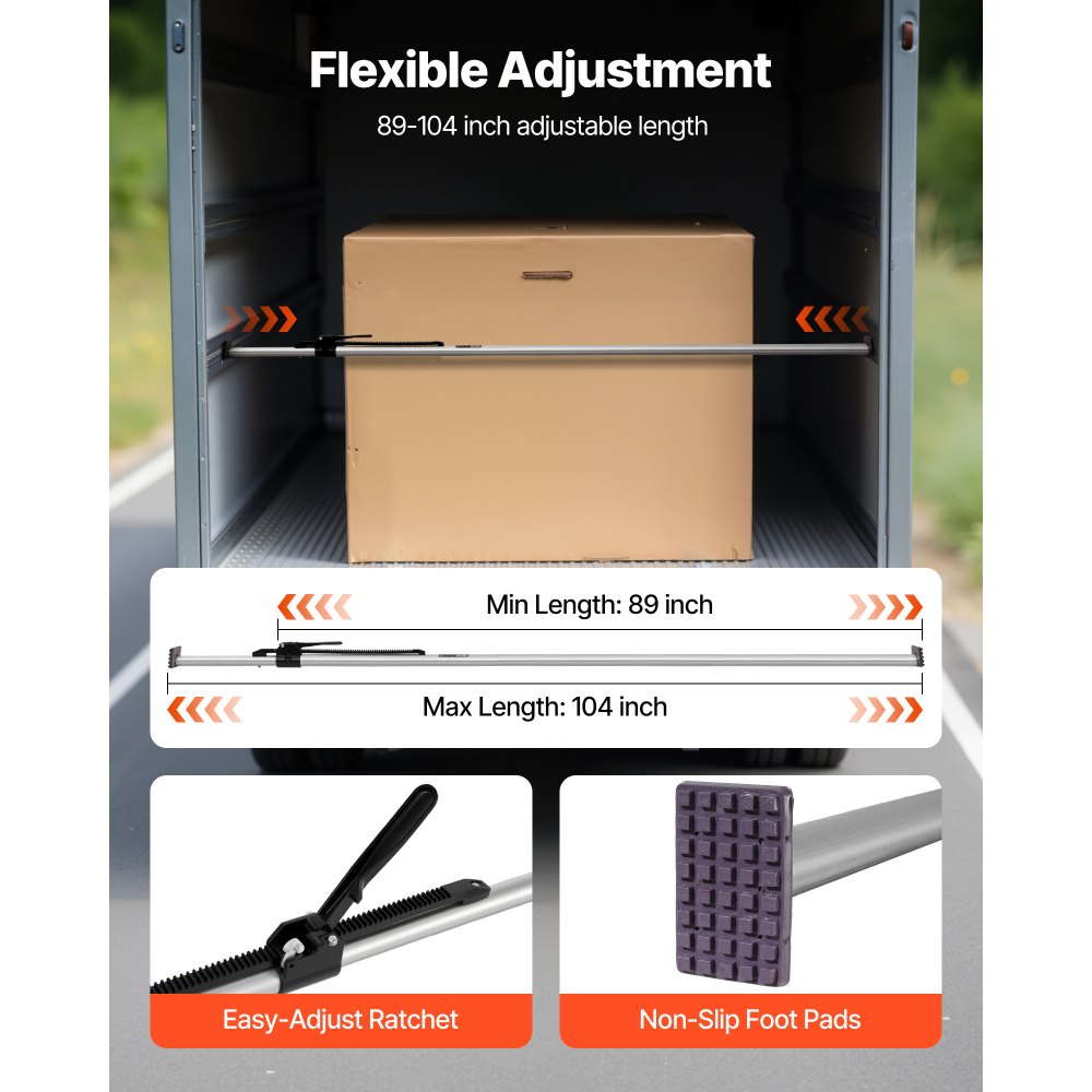 VEVOR Cargo Bar, Cargo Bar Adjustable from 89" to 104", Heavy-duty Steel Cargos Stabilizer with Non-Slip Foot Pads, Truck Bed Load Lock Bars for Box Trucks, Semi-Trailers, Trailers (2PCS)