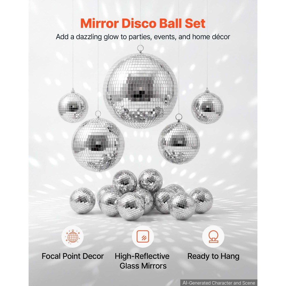 VEVOR Mirror Disco Ball 3.2" 4" 6" 8" 12" 17-Pack Balls with Hanging Ring, for Party Home Decoration Stage Props DJ Dance Club, 2 Mirror Tile Sizes, Reflects Light, Wedding Birthday Decor, Silver