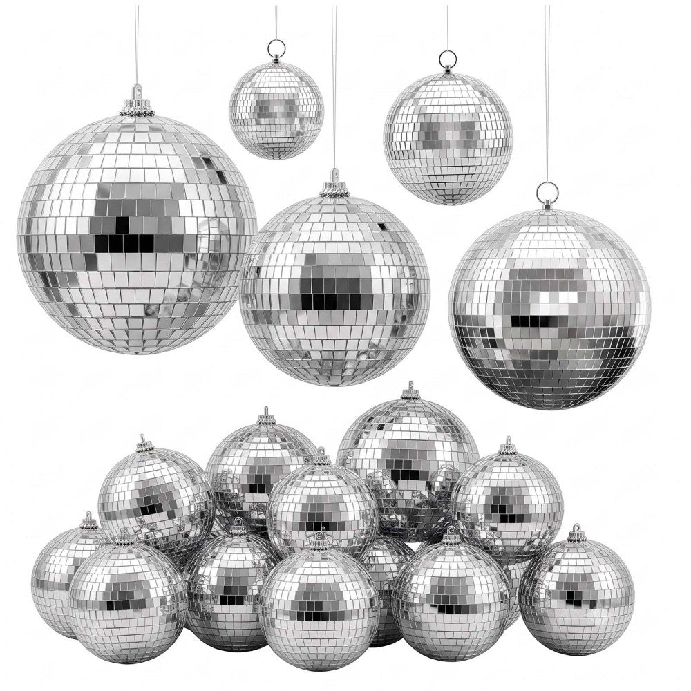 VEVOR Mirror Disco Ball 3.2" 4" 6" 8" 12" 17-Pack Balls with Hanging Ring, for Party Home Decoration Stage Props DJ Dance Club, 2 Mirror Tile Sizes, Reflects Light, Wedding Birthday Decor, Silver