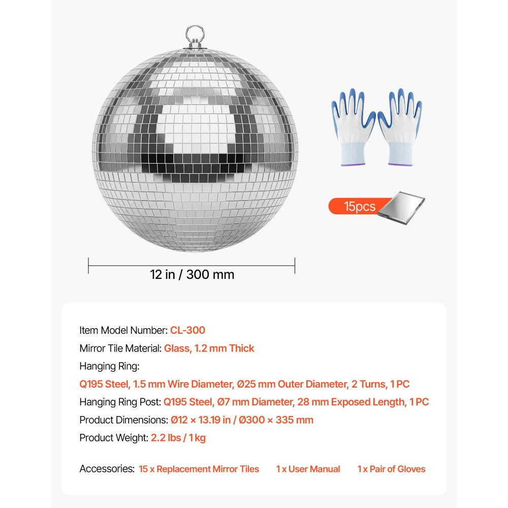VEVOR Mirror Disco Ball 12 Inch Silver Reflective Ball with Hanging Ring, for Party Home Decoration Stage Props DJ Dance Club, 2 Mirror Tile Sizes, Reflects Light, Large Wedding Music Birthday Decor