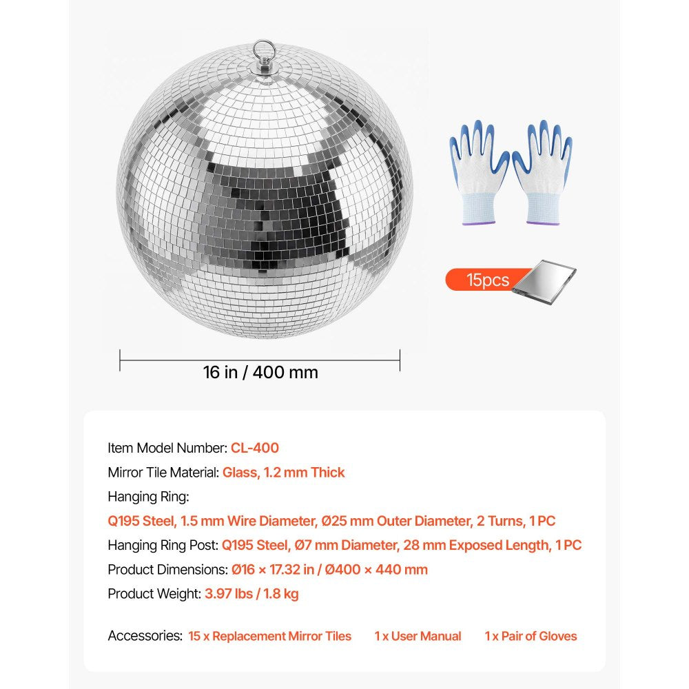 VEVOR Mirror Disco Ball 16 Inch Silver Reflective Ball with Hanging Ring, for Party Home Decoration Stage Props DJ Dance Club, 2 Mirror Tile Sizes, Reflects Light, Large Wedding Music Birthday Decor