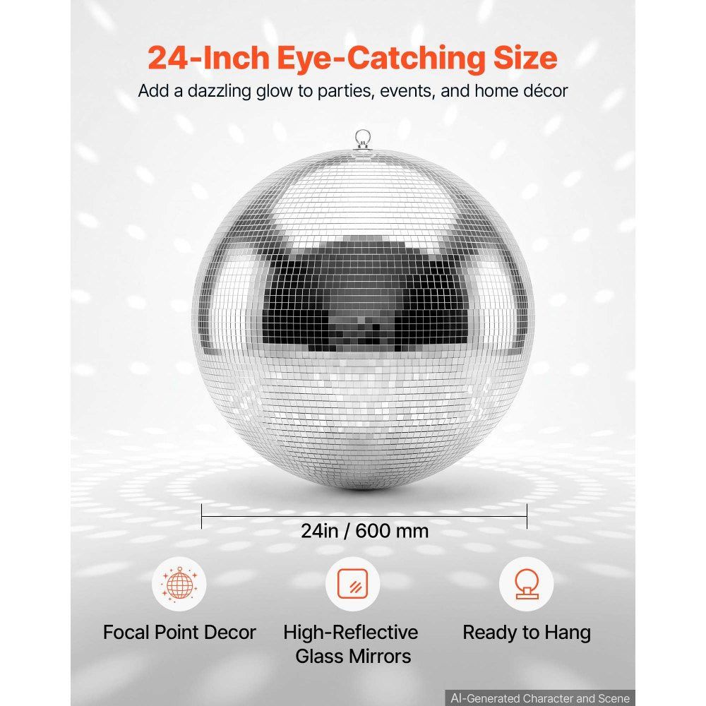 VEVOR Mirror Disco Ball 24 Inch Silver Reflective Ball with Hanging Ring, for Party Home Decoration Stage Props DJ Dance Club, 2 Mirror Tile Sizes, Reflects Light, Large Wedding Music Birthday Decor