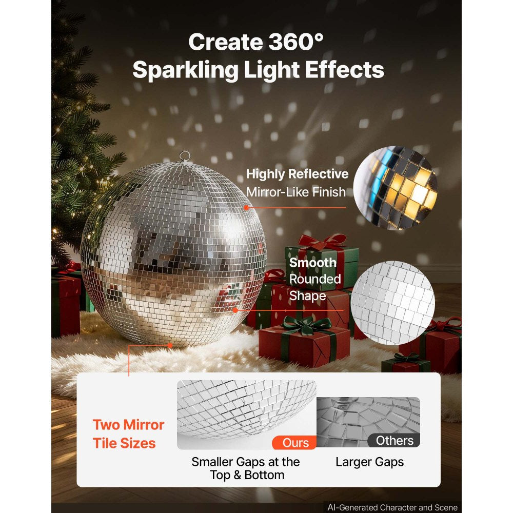 VEVOR Mirror Disco Ball 24 Inch Silver Reflective Ball with Hanging Ring, for Party Home Decoration Stage Props DJ Dance Club, 2 Mirror Tile Sizes, Reflects Light, Large Wedding Music Birthday Decor