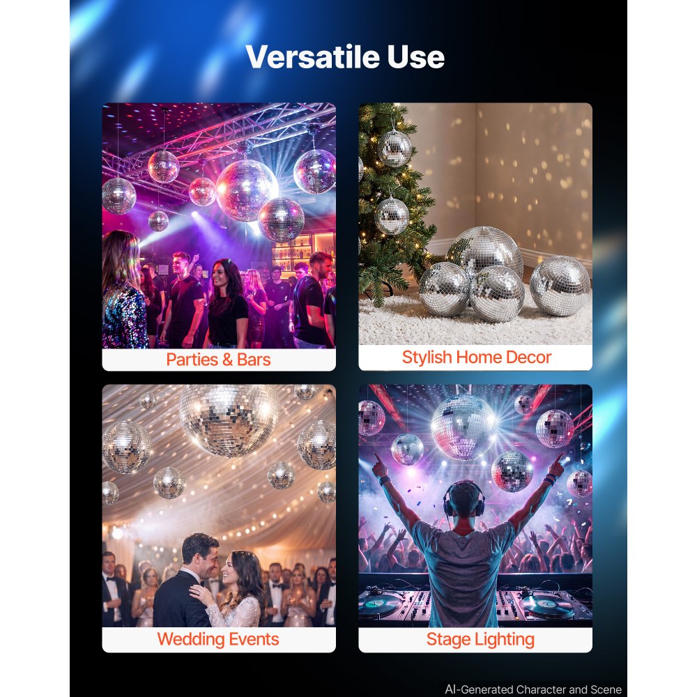 VEVOR Mirror Disco Ball 4" 6" 8" 8-Pack Silver Balls with Hanging Ring, for Party Home Decoration Stage Props DJ Dance Club, 2 Mirror Tile Sizes, Reflects Light, Large Wedding Music Birthday Decor