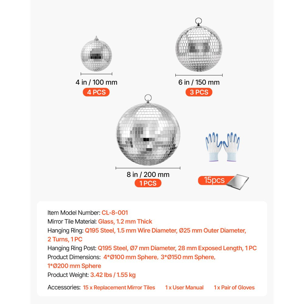VEVOR Mirror Disco Ball 4" 6" 8" 8-Pack Silver Balls with Hanging Ring, for Party Home Decoration Stage Props DJ Dance Club, 2 Mirror Tile Sizes, Reflects Light, Large Wedding Music Birthday Decor