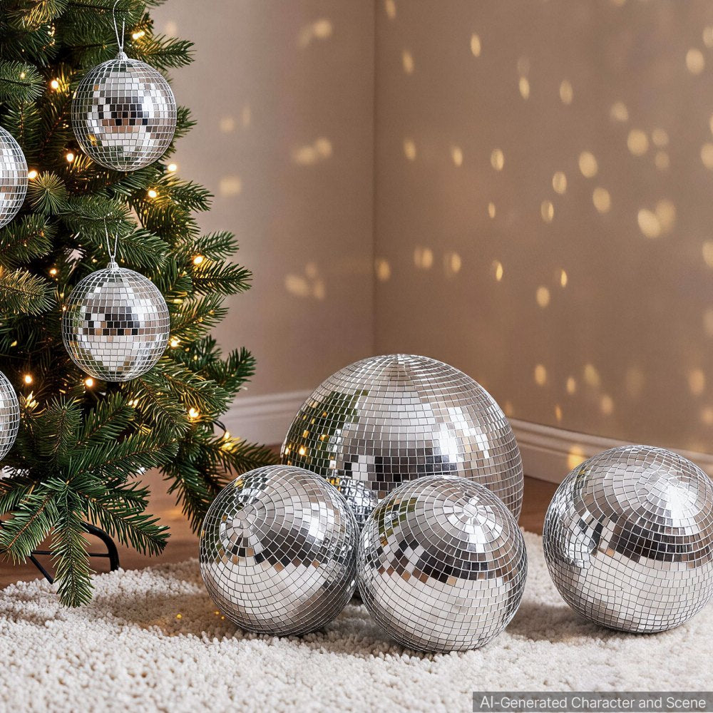 VEVOR Mirror Disco Ball 4" 6" 8" 8-Pack Silver Balls with Hanging Ring, for Party Home Decoration Stage Props DJ Dance Club, 2 Mirror Tile Sizes, Reflects Light, Large Wedding Music Birthday Decor