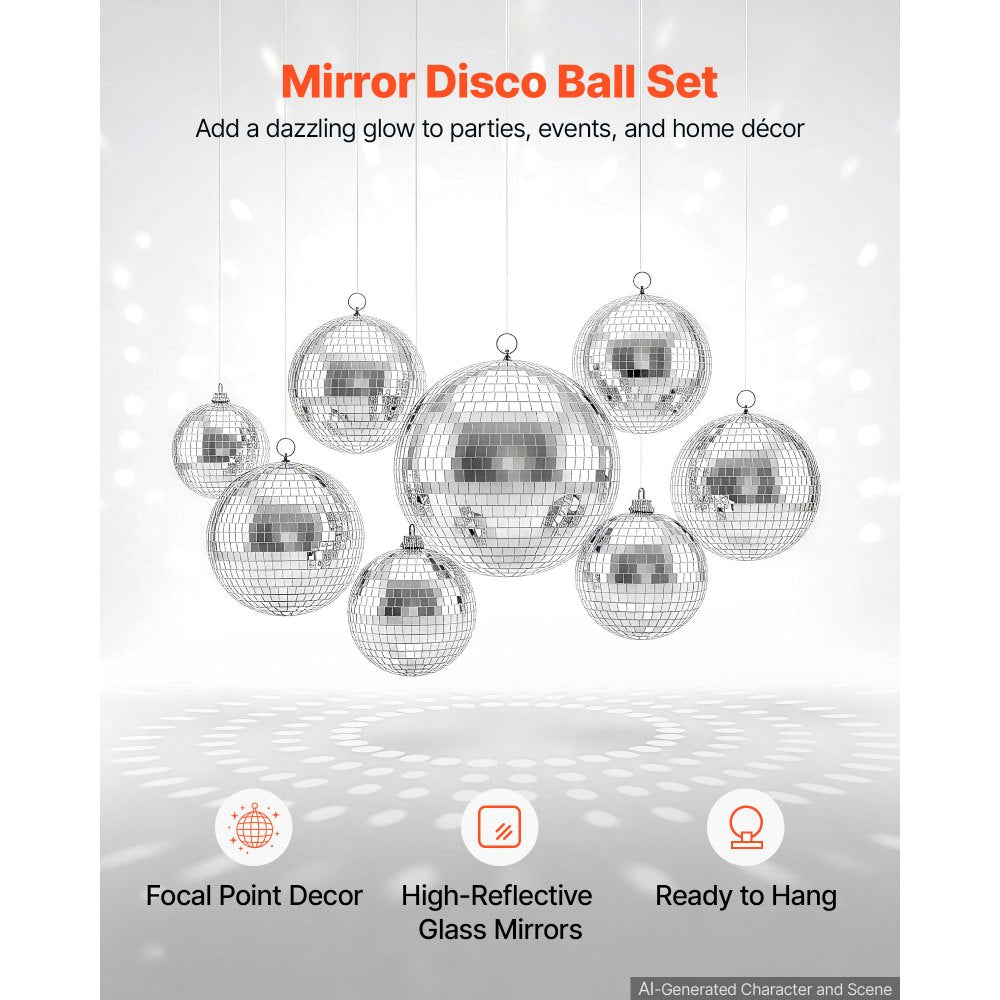 VEVOR Mirror Disco Ball 4" 6" 8" 12" 8-Pack Silver Balls with Hanging Ring, for Party Home Decoration Stage Props DJ Dance Club, 2 Mirror Tile Sizes, Reflects Light, Wedding Music and Birthday Decor