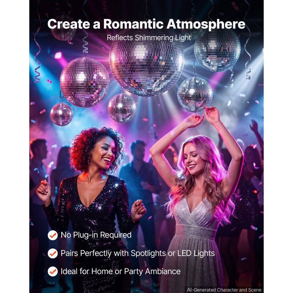 VEVOR Mirror Disco Ball 4" 6" 8" 12" 8-Pack Silver Balls with Hanging Ring, for Party Home Decoration Stage Props DJ Dance Club, 2 Mirror Tile Sizes, Reflects Light, Wedding Music and Birthday Decor