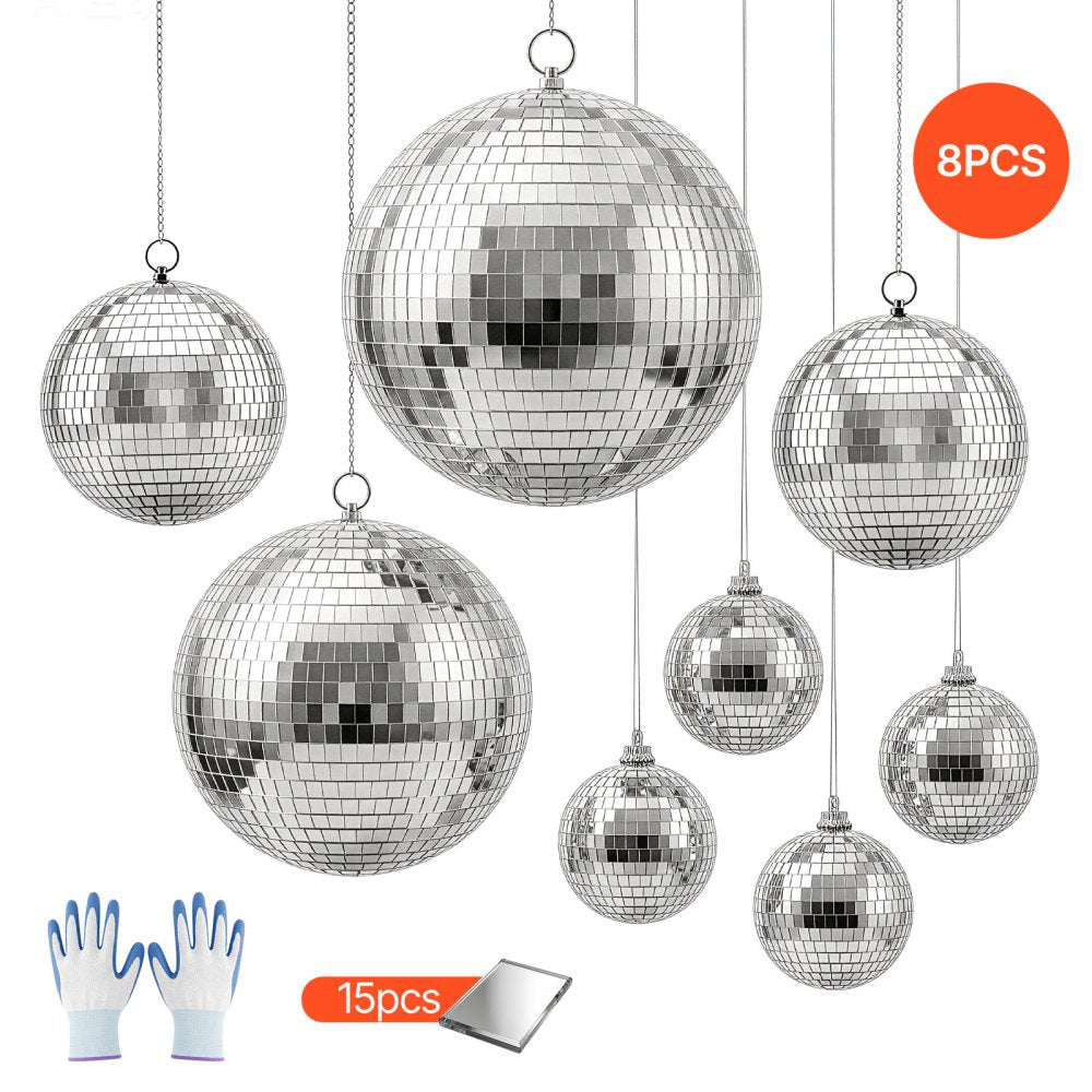 VEVOR Mirror Disco Ball 4" 6" 8" 12" 8-Pack Silver Balls with Hanging Ring, for Party Home Decoration Stage Props DJ Dance Club, 2 Mirror Tile Sizes, Reflects Light, Wedding Music and Birthday Decor