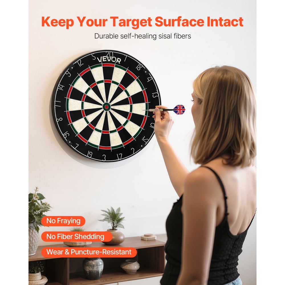 VEVOR Dartboard with 6 Darts & Scoring Kit, Self-Healing Sisal Fibers Dartboard with Staple-Free Bullseye & Rotating Number Ring, 17.7" Professional Steel Tip Dart Board Set for Home Party Game Rooms