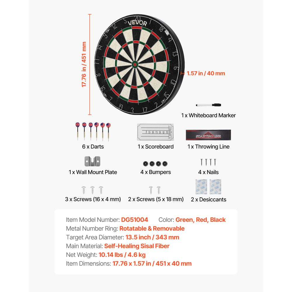 VEVOR Dartboard with 6 Darts & Scoring Kit, Self-Healing Sisal Fibers Dartboard with Staple-Free Bullseye & Rotating Number Ring, 17.7" Professional Steel Tip Dart Board Set for Home Party Game Rooms