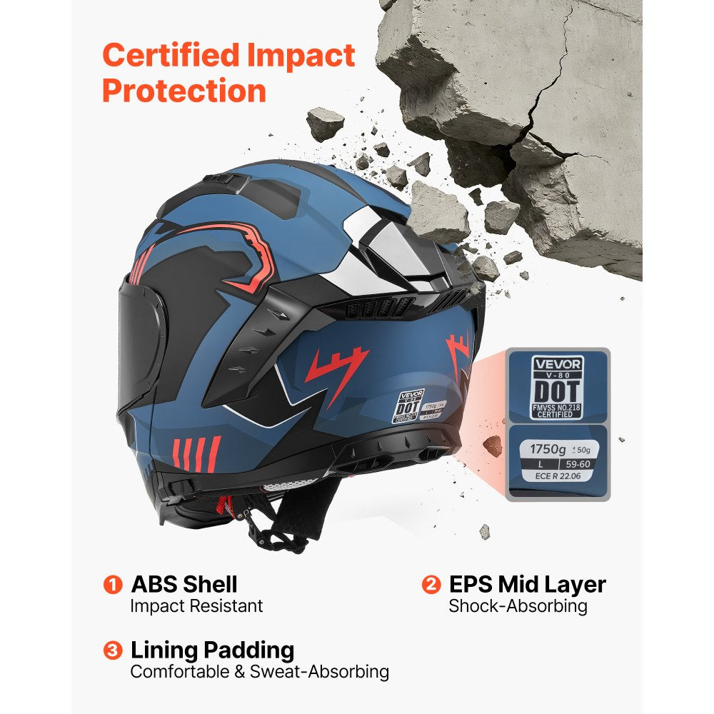 VEVOR Modular Motorcycle Helmet, Flip up Full Face Helmet with Dual Visor, Lightweight Comfortable Adult Motocross Street Bike Helmet for Men and Women - DOT & ECE Approved (L Size)