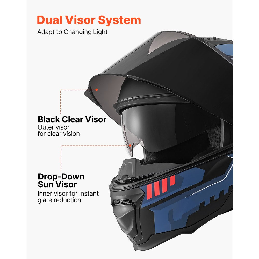 VEVOR Modular Motorcycle Helmet, Flip up Full Face Helmet with Dual Visor, Lightweight Comfortable Adult Motocross Street Bike Helmet for Men and Women - DOT & ECE Approved (L Size)