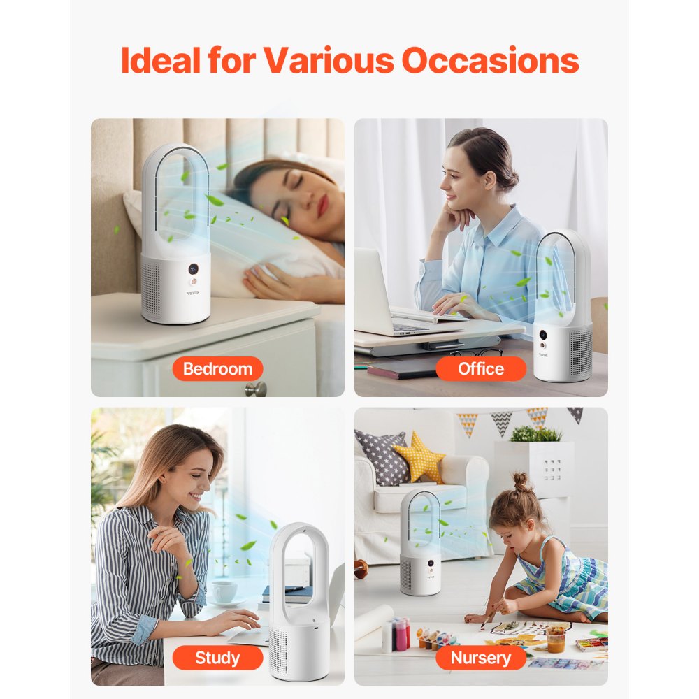 VEVOR Desk Fan Bladeless, 12.99 Inch Portable Desk Fan, 6-Speed USB Quiet Cooling Small Tower Fan with Rechargeable Battery, Easy to Clean & Kids-Friendly, Blows Cold Air for Bedroom, Office, Home