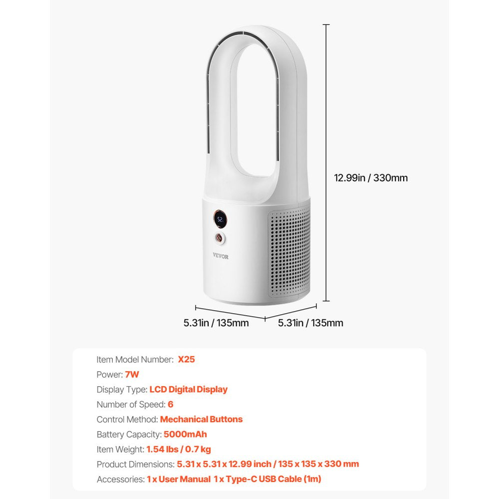 VEVOR Desk Fan Bladeless, 12.99 Inch Portable Desk Fan, 6-Speed USB Quiet Cooling Small Tower Fan with Rechargeable Battery, Easy to Clean & Kids-Friendly, Blows Cold Air for Bedroom, Office, Home