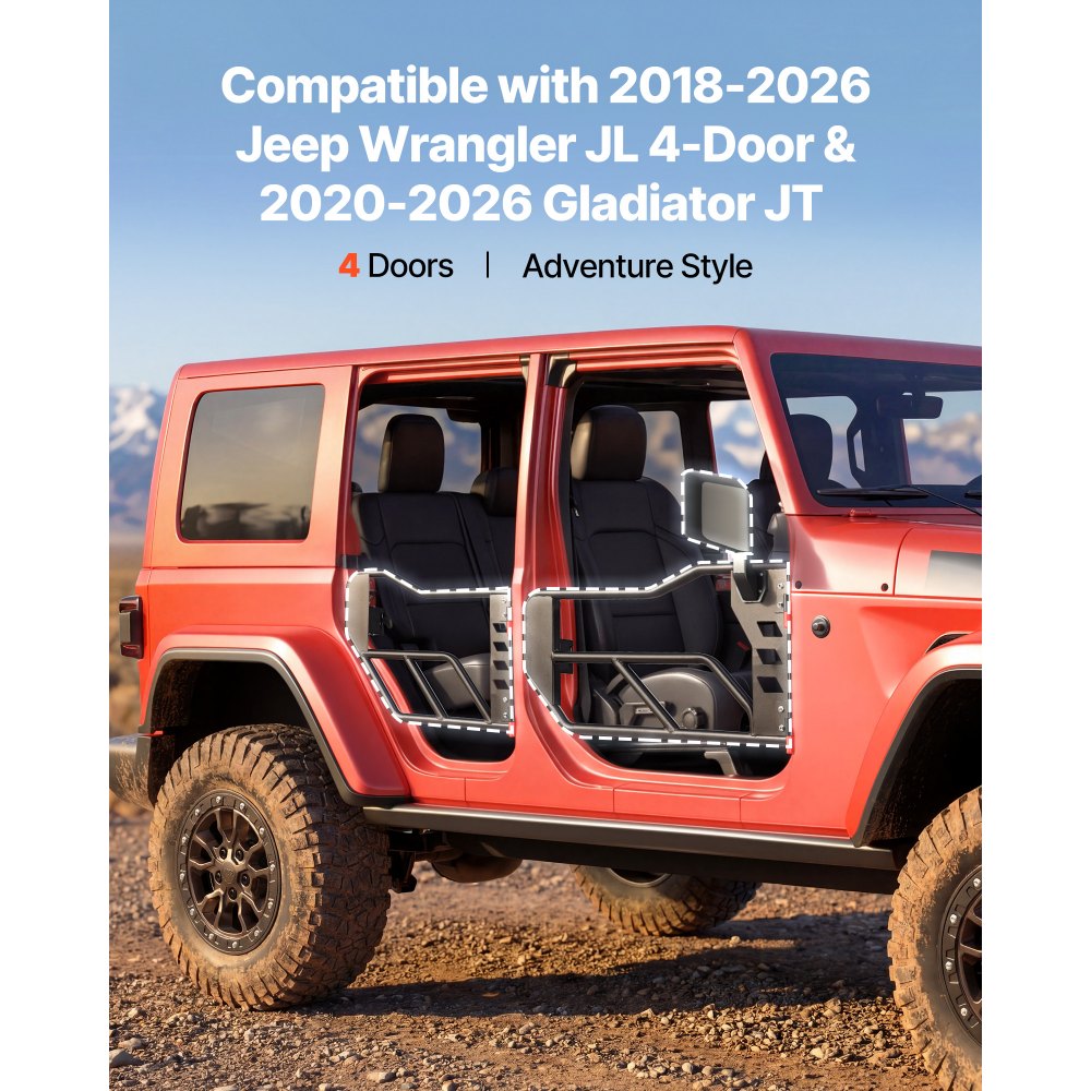 VEVOR Jeep Tube Doors, 4-Door, Compatible with 2018-2026 Jeep Wrangler JL & 2020-2026 Gladiator JT, Steel Off Road Front & Rear Tubular Half Doors with DOT Certified Side View Mirrors and Rubber Pads