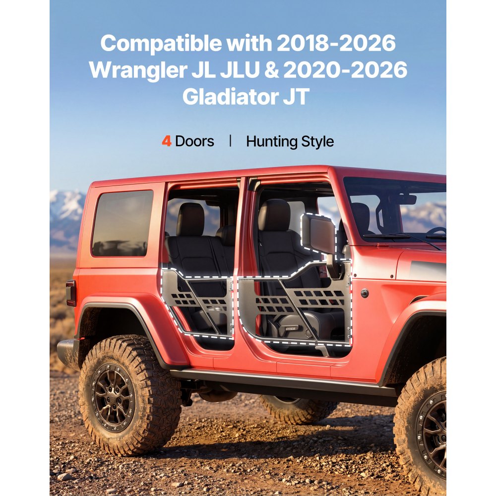 VEVOR Jeep Tube Doors, 4-Door, Compatible with 2018-2026 Wrangler JL JLU & 2020-2026 Gladiator JT, Steel Off Road Front & Rear Tubular Half Doors with DOT Certified Side View Mirrors and Rubber Pads