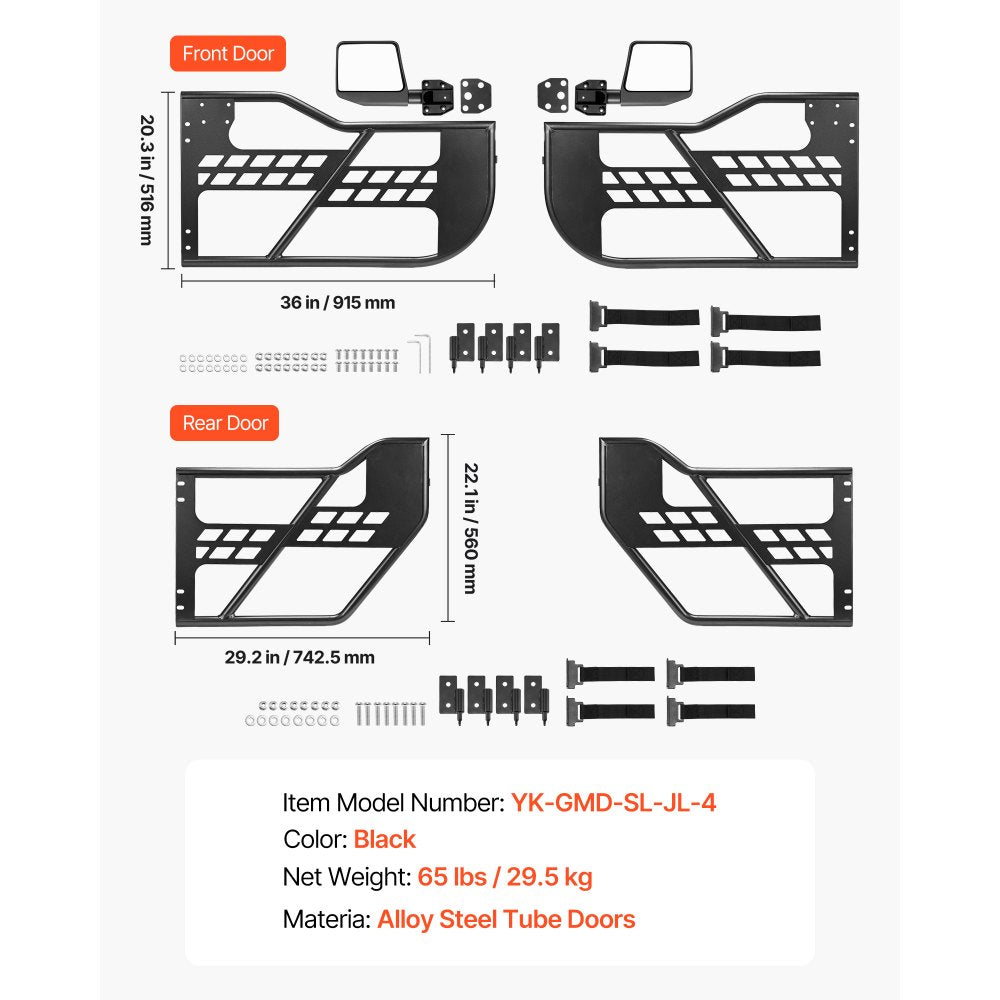 VEVOR Jeep Tube Doors, 4-Door, Compatible with 2018-2026 Wrangler JL JLU & 2020-2026 Gladiator JT, Steel Off Road Front & Rear Tubular Half Doors with DOT Certified Side View Mirrors and Rubber Pads
