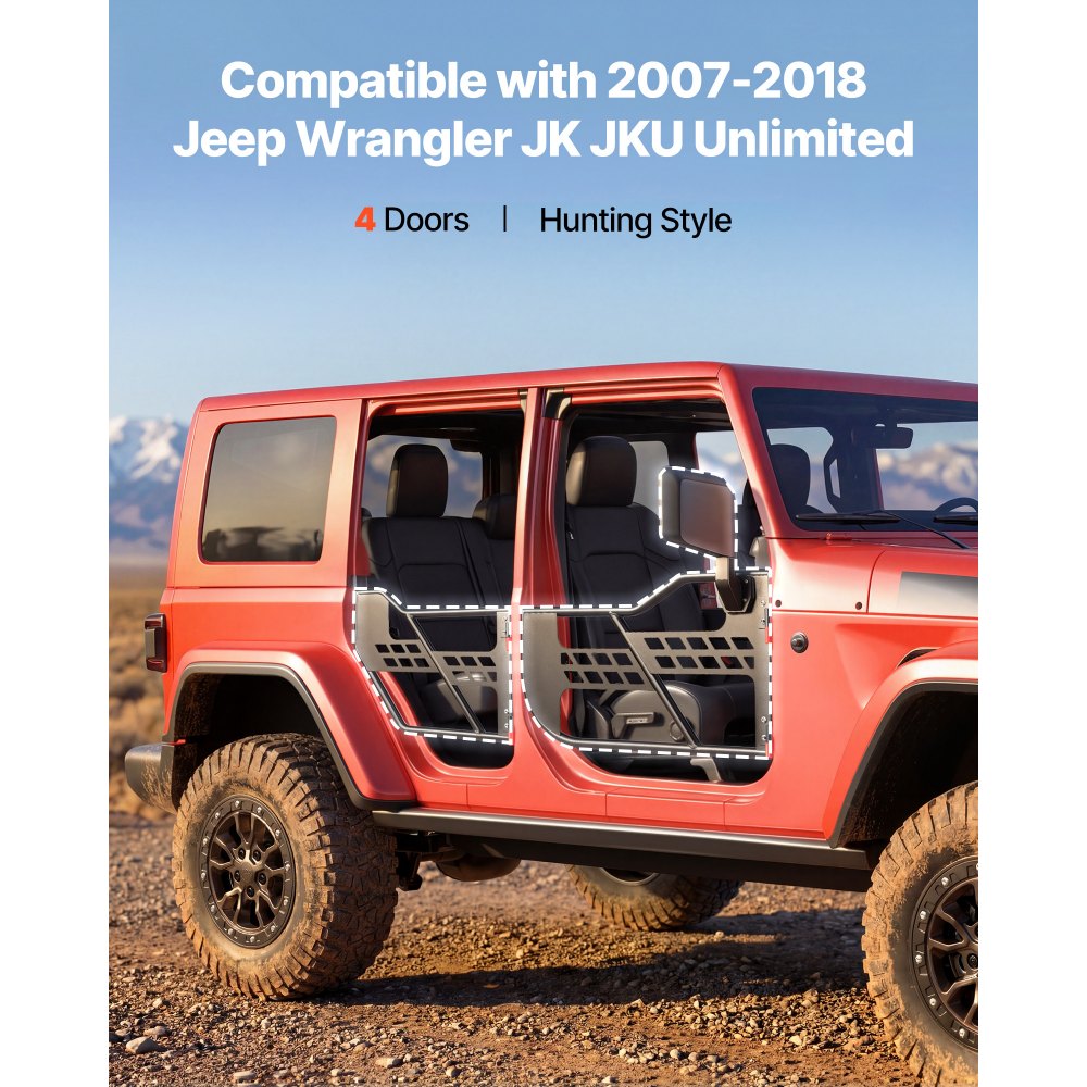 VEVOR Jeep Tube Doors, 4-Door, Compatible with 2007-2018 Jeep Wrangler JK JKU Unlimited, Steel Off Road Front & Rear Tubular Half Doors with DOT Certified Side View Mirrors, Storage Bag & Rubber Pads