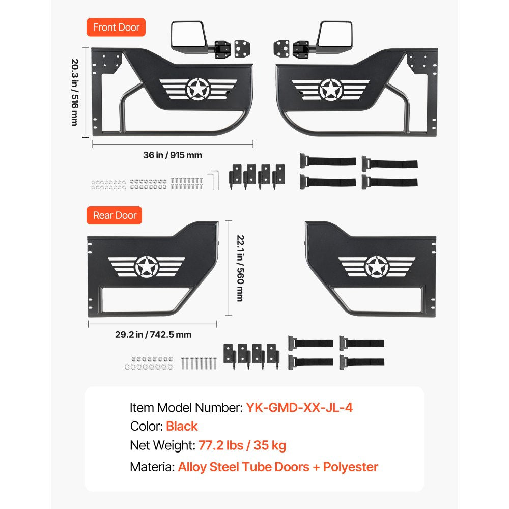 VEVOR Jeep Tube Doors, 4-Door, Compatible with 2018-2026 Jeep Wrangler JL JLU & Gladiator JT 4XE, Steel Off Road Front & Rear Tubular Half Doors with DOT Certified Side View Mirrors