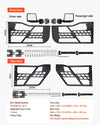 Front and rear door dimensions, included hardware and straps - size diagram