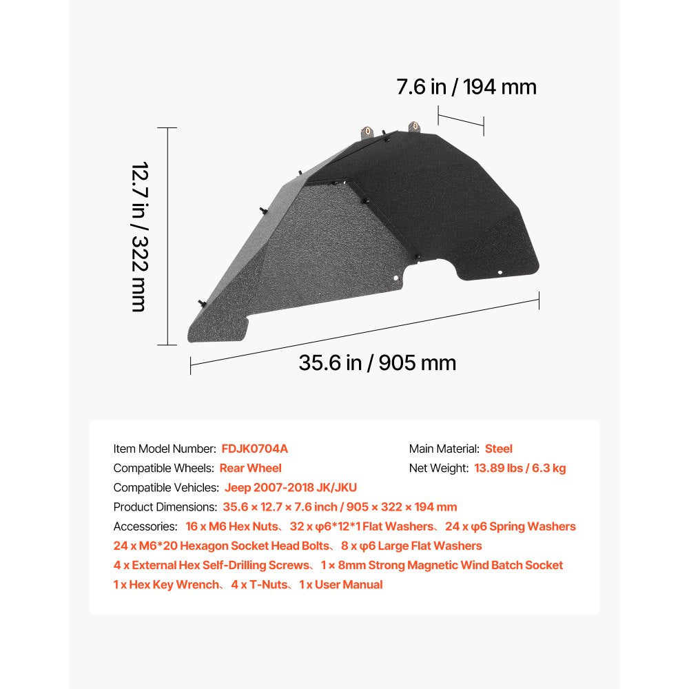 VEVOR Inner Fender Liner, Rear Fender Liner Compatible with 2007-2018 Jeeps JK/JKU 2/4 Doors, Steel Mud Guards Bolt-on Style Fenders Flare, Wheel Well Cover Fenders Flare Liners, Scratch-Resistant