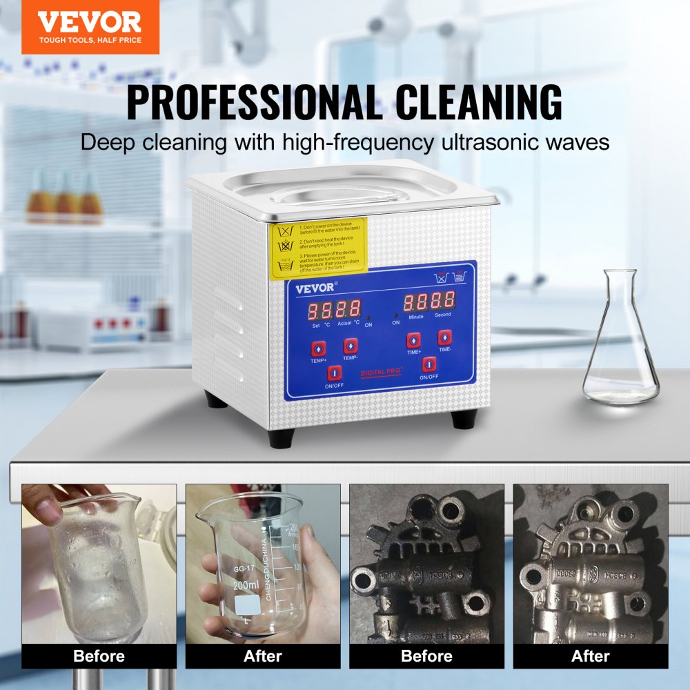 VEVOR Professional Ultrasonic Cleaner, 0.3 L Ultrasonic Jewelry Cleaner with Digital Timer & Heater, Stainless Steel Industrial Sonic Cleaner 40kHz for Glasses, Watches, Rings, Small Parts