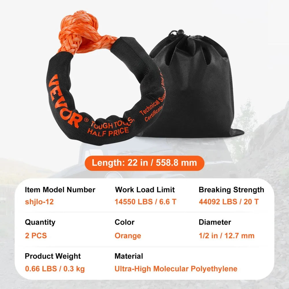 VEVOR Synthetic Soft Shackle, 1/2" x 22" (2 Pack) 44092 lbs (20 Ton) Breaking Strength Recovery Tow Shackles with Extra 2 Sleeves & Storage Bag for UTV, ATV, Trucks, Jeep, Off-Road Vehicles, Orange