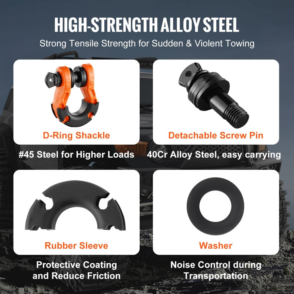 VEVOR 3/4" D-Ring Shackle, 2 Pack Alloy Steel Shackles 66139 lbs (30 Ton) Break Strength with 7/8" Screw Pin, Isolators & Washers, Heavy Duty Off Road Vehicle Recovery Shackle for Jeep Truck, Orange