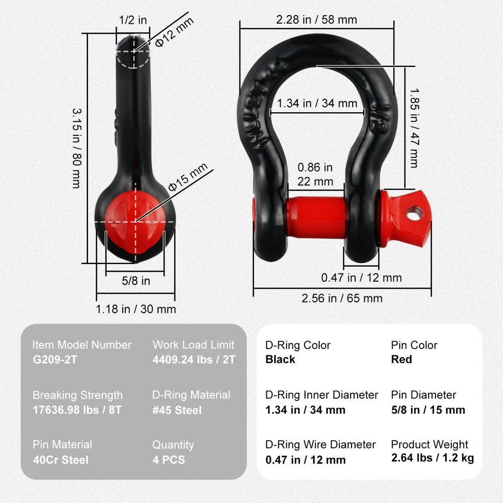 VEVOR 1/2" D-Ring Shackle, 4 Pack Alloy Steel Shackles 17637 lbs (8 Ton) Break Strength with 5/8" Screw Pin, Heavy Duty Off Road Vehicle Recovery Shackle, Towing Accessories for Jeep Truck, Black