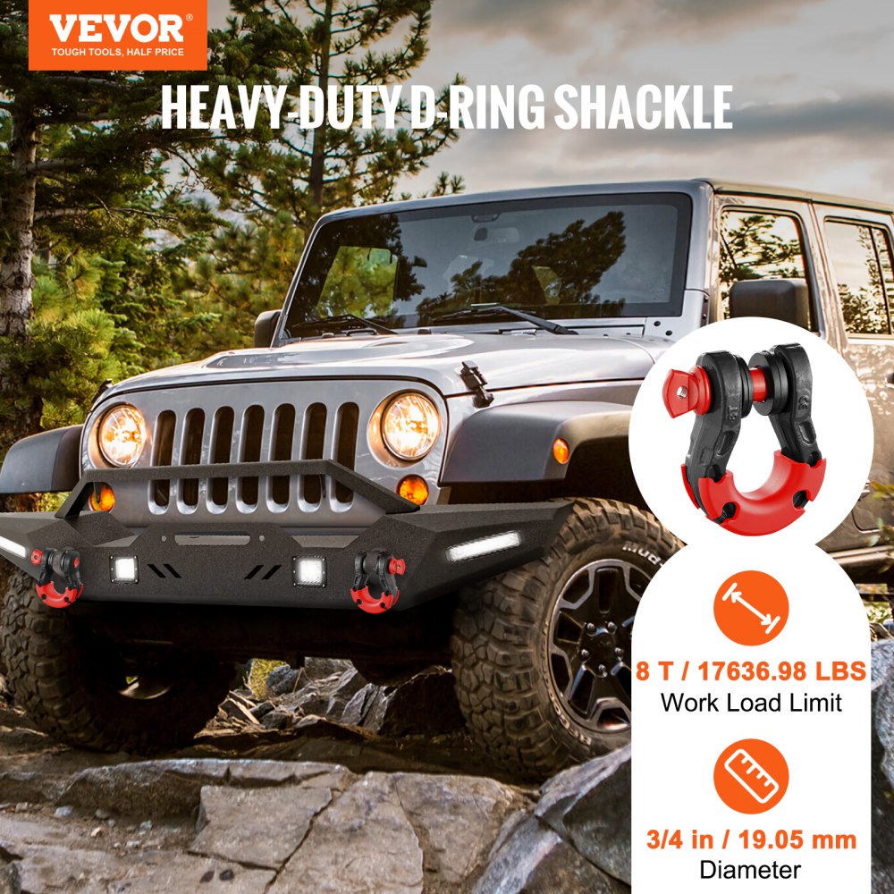 VEVOR 3/4" D-Ring Shackle, 2 Pack Alloy Steel Shackles 66139 lbs (30 Ton) Break Strength with 7/8" Screw Pin, Isolators & Washers, Heavy Duty Off Road Vehicle Recovery Shackle for Jeep Truck, Black