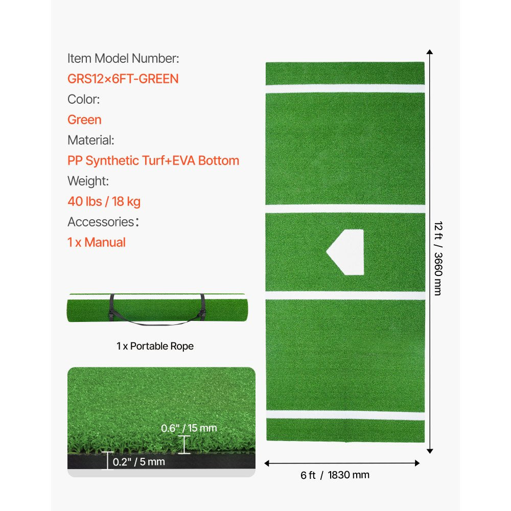 Product detail image listing model number, material, weight, accessories, and showing turf height and mat dimensions