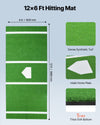 12x6 ft hitting mat size diagram showing 12 ft x 6 ft, dense synthetic turf, inlaid home plate, and 5mm EVA bottom
