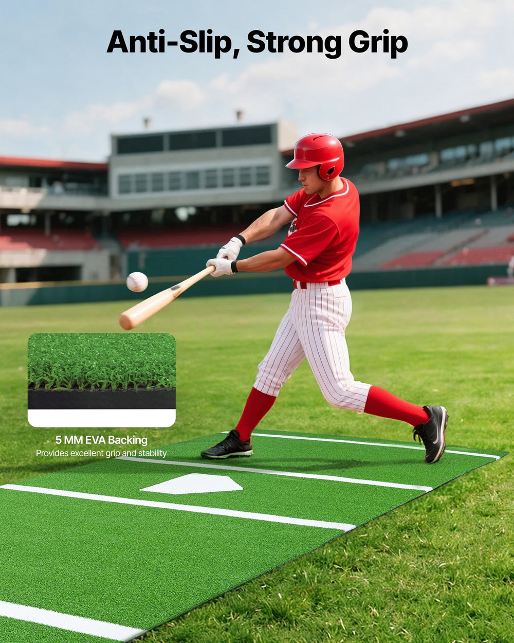 Anti-slip strong grip graphic showing 5mm EVA backing for stability on batting mat