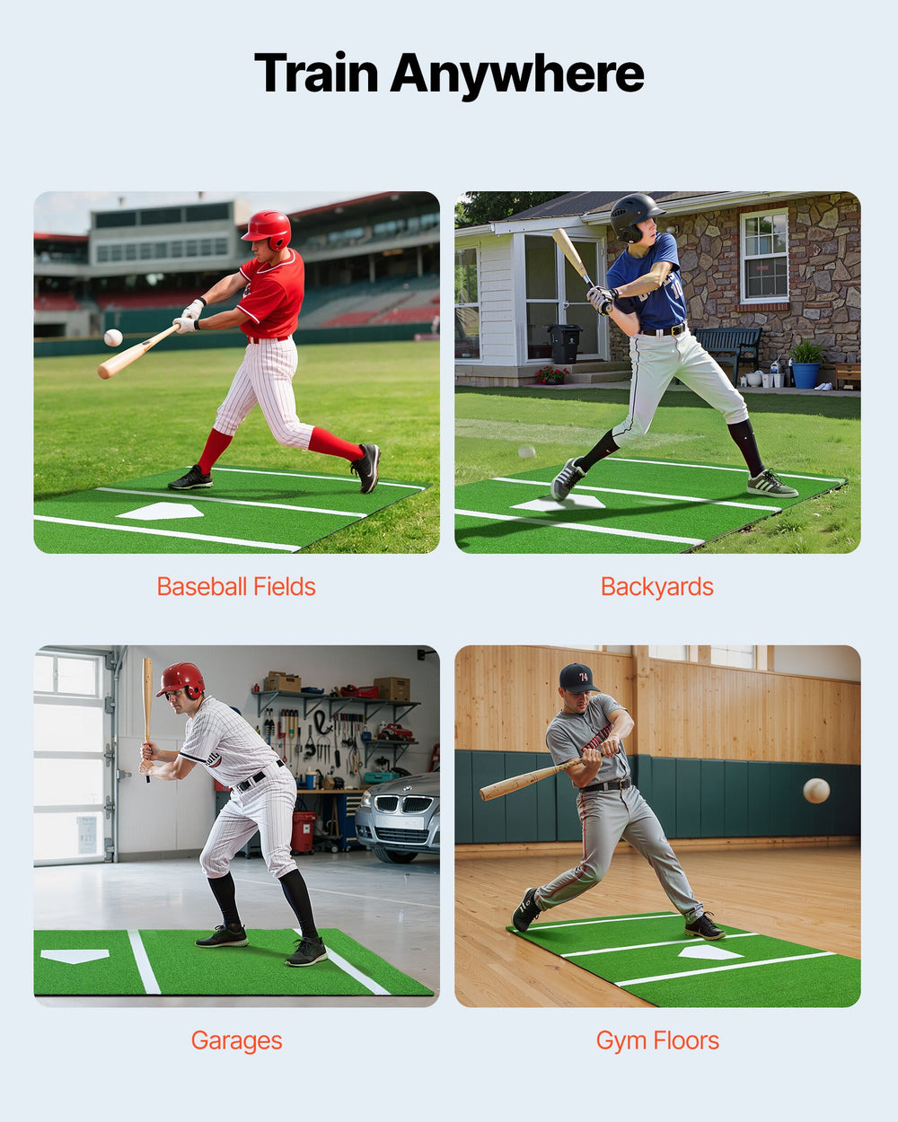 Train anywhere image showing use at baseball fields, backyards, garages, and gym floors