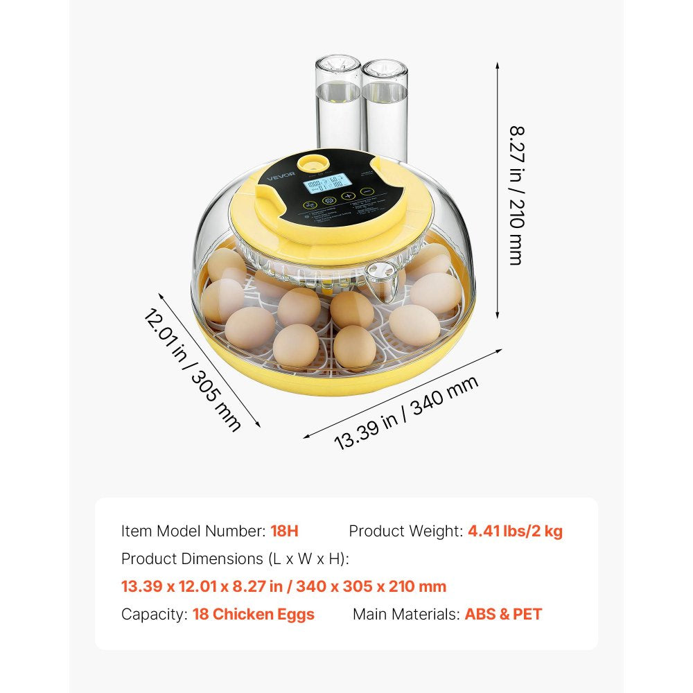 VEVOR 18 Egg Incubator, Automatic Egg Turner with LED Candler, Temperature & Humidity Control, 360° View Clear Window, Auto Water Refill, Poultry Eggs Incubators for Hatching Chicks Ducks Goose Quail