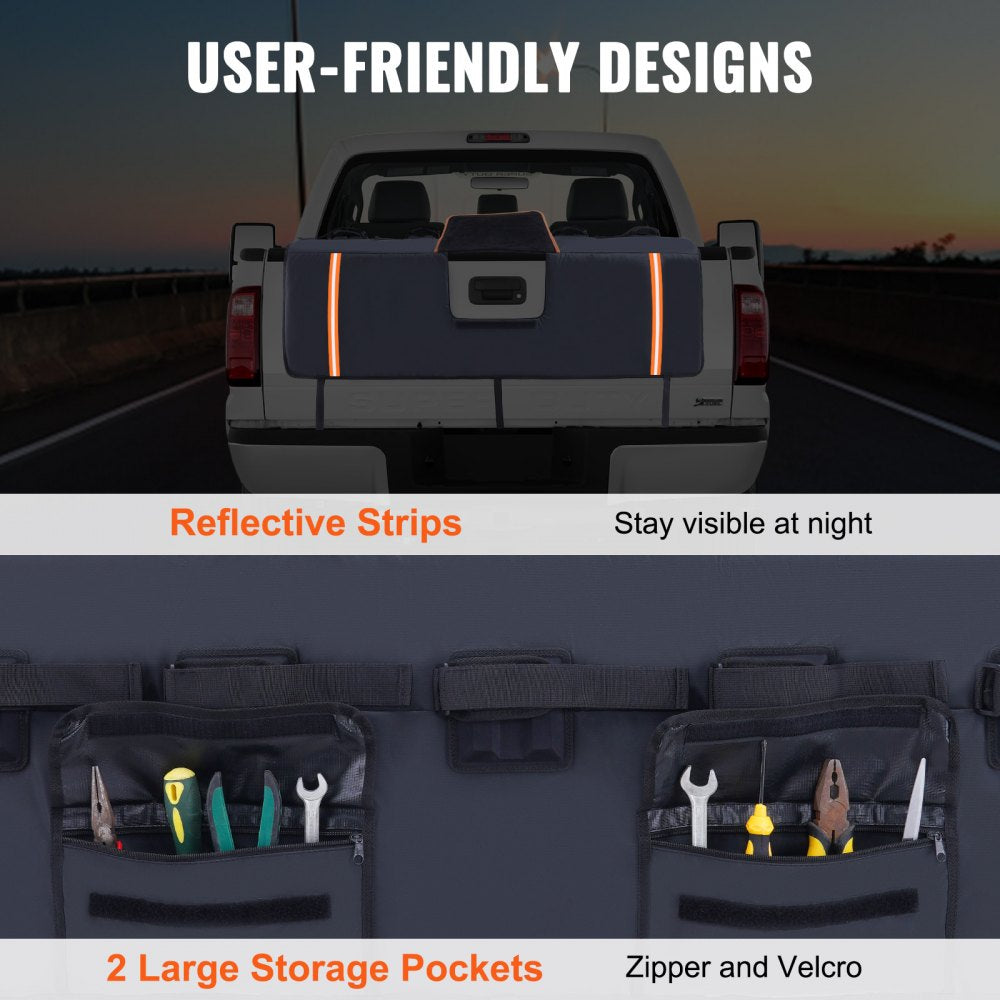 VEVOR Tailgate Bike Pad, 53" Truck Tailgate Pad Carry 5 Mountain Bikes, Upgraded Grooves Tailgate Protection Pad with Reflective Strips and Tool Pockets, with Camera Opening for Mid-Size Pickup Trucks
