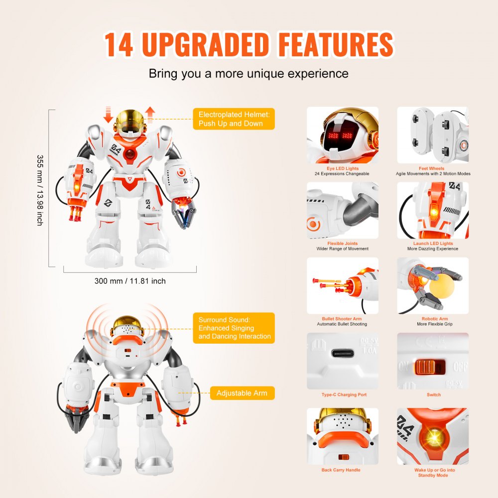 VEVOR RC Robot Toys for Kids, Battle Mode Programmable Remote Control Smart Robot with Bullets, Interactive Walking Dancing Robot for Age 3 4 5 6 7 8 10 12 Year Old Boys Girls Birthday Gift Present