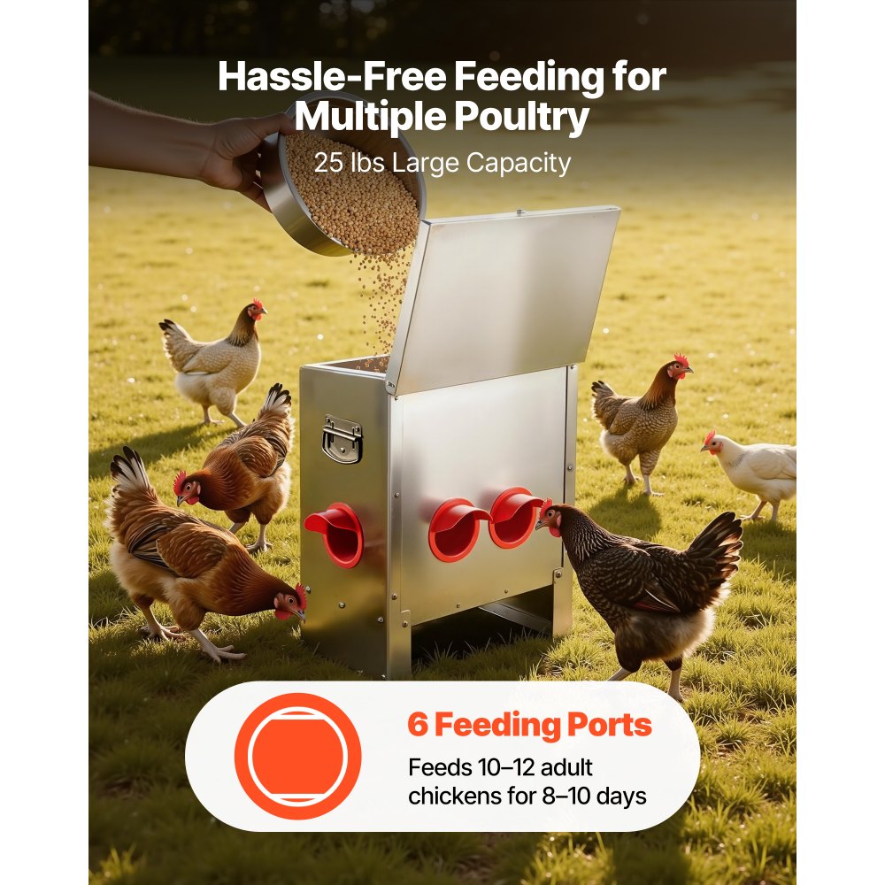 VEVOR Automatic Chicken Feeder, 25 lbs Capacity, 6 Feeding Ports No-Waste Poultry Feeder, Automatic Gravity, with Handle Latch Lid, Metal Construction, for Chickens Bantams Pheasants Poultry Coop