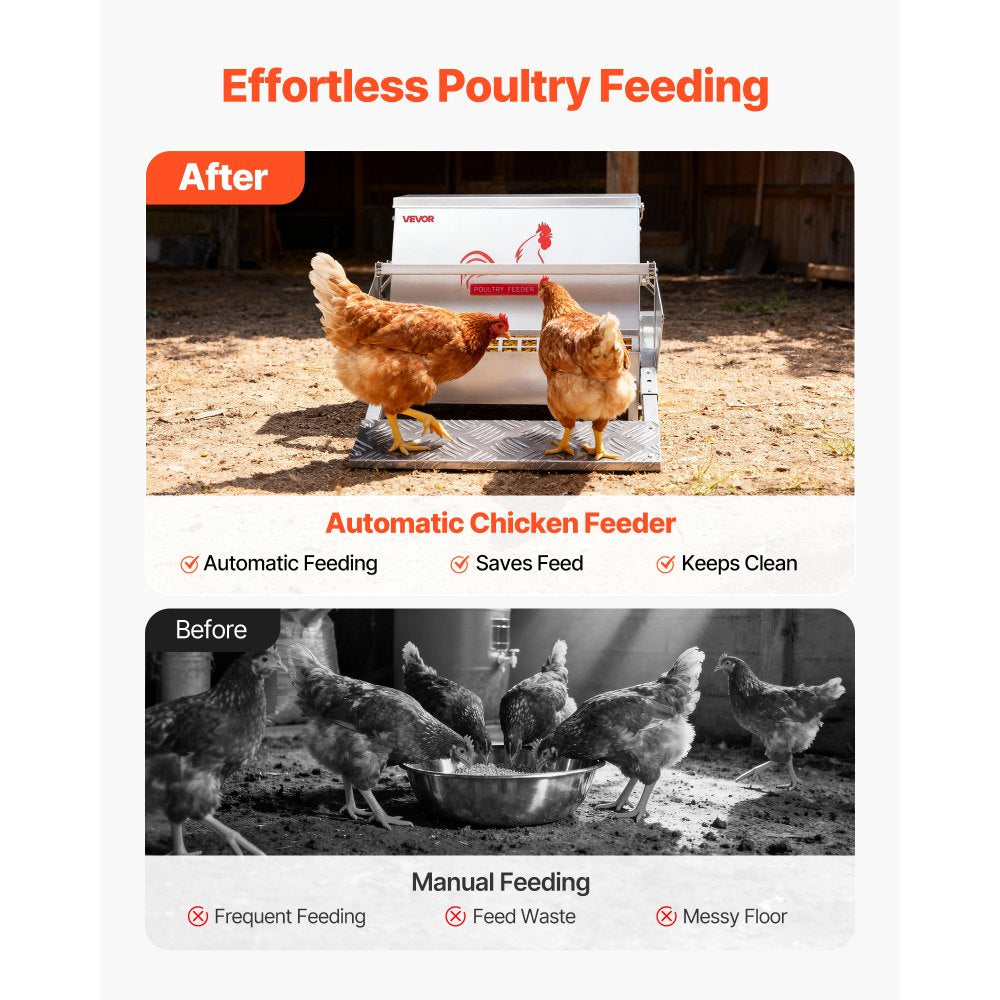 VEVOR Automatic Chicken Feeder, 25 lbs Capacity, Rainproof Treadle Poultry Feeder with Lockable Lid, No Waste, Galvanized Steel Construction, Outdoor Use, for Chicken, Bantams, Poultry, Pheasants