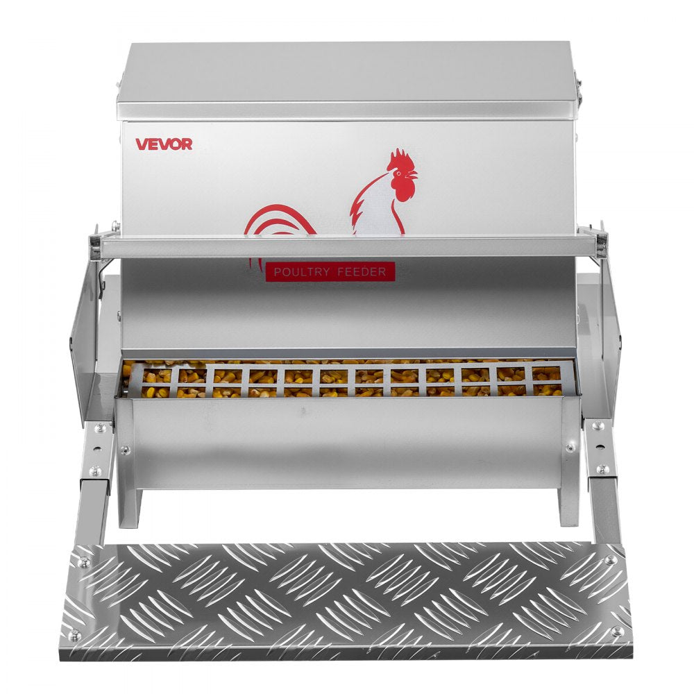 VEVOR Automatic Chicken Feeder, 25 lbs Capacity, Rainproof Treadle Poultry Feeder with Lockable Lid, No Waste, Galvanized Steel Construction, Outdoor Use, for Chicken, Bantams, Poultry, Pheasants