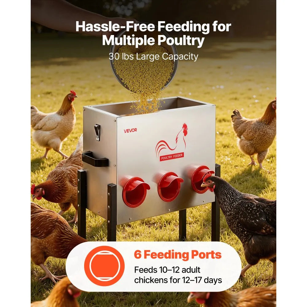 VEVOR Automatic Chicken Feeder, 30 lbs Capacity, 6 Feeding Ports No-Waste Poultry Feeder, Automatic Gravity, with Adjustable Height & Locking Lid, Metal Construction, for Chickens Bantams Pheasants
