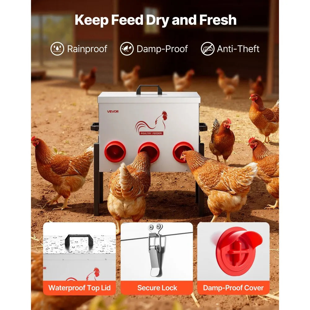 VEVOR Automatic Chicken Feeder, 30 lbs Capacity, 6 Feeding Ports No-Waste Poultry Feeder, Automatic Gravity, with Adjustable Height & Locking Lid, Metal Construction, for Chickens Bantams Pheasants