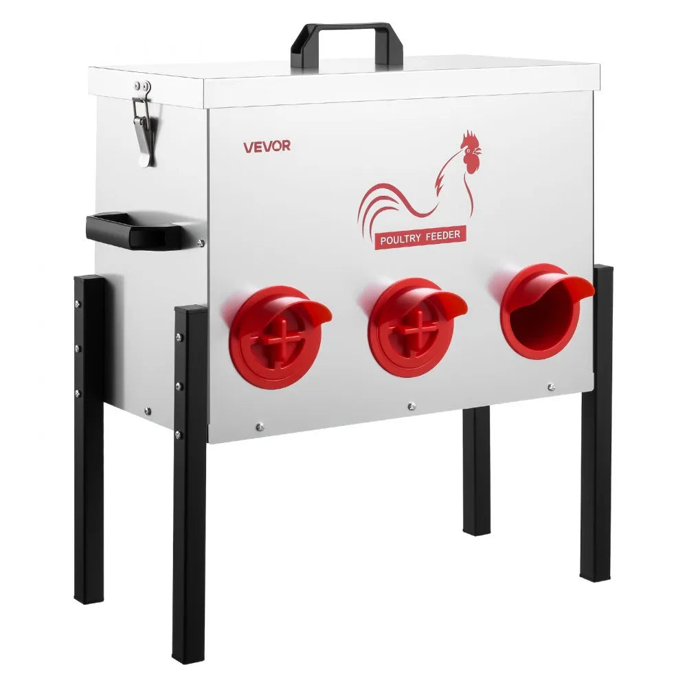 VEVOR Automatic Chicken Feeder, 30 lbs Capacity, 6 Feeding Ports No-Waste Poultry Feeder, Automatic Gravity, with Adjustable Height & Locking Lid, Metal Construction, for Chickens Bantams Pheasants