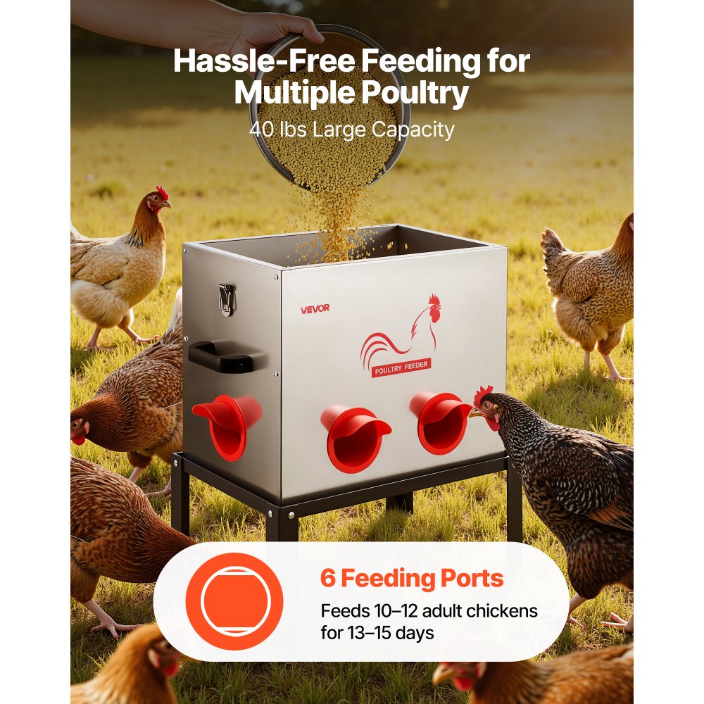 VEVOR Automatic Chicken Feeder, 40 lbs Capacity, 6 Feeding Ports No-Waste Poultry Feeder with Built-In Divider, with Latch & Handle, Metal Construction, for Chickens Bantams Pheasants Poultry Coop
