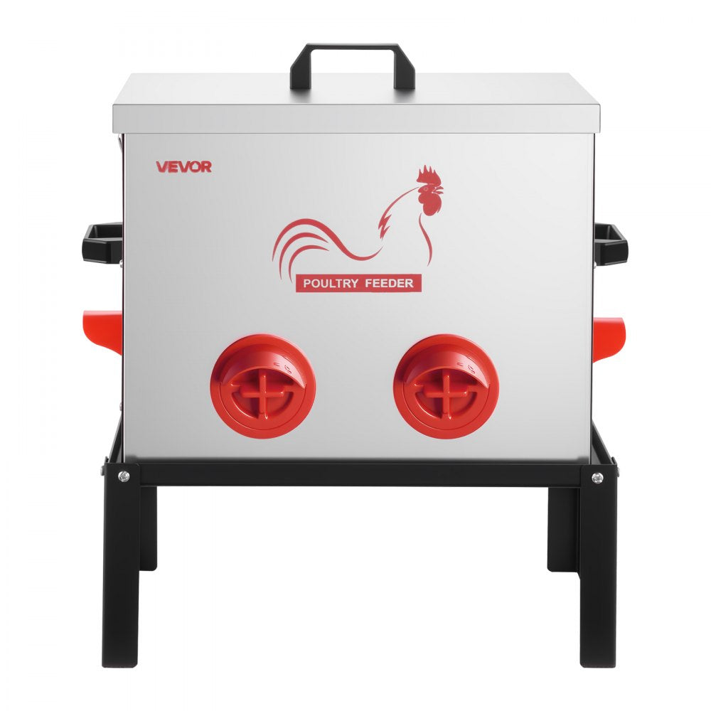 VEVOR Automatic Chicken Feeder, 40 lbs Capacity, 6 Feeding Ports No-Waste Poultry Feeder with Built-In Divider, with Latch & Handle, Metal Construction, for Chickens Bantams Pheasants Poultry Coop