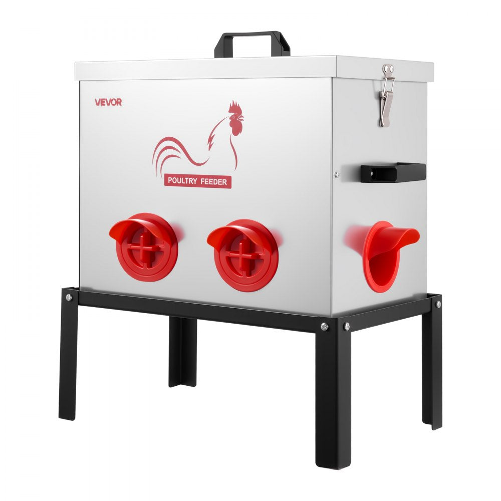 VEVOR Automatic Chicken Feeder, 40 lbs Capacity, 6 Feeding Ports No-Waste Poultry Feeder with Built-In Divider, with Latch & Handle, Metal Construction, for Chickens Bantams Pheasants Poultry Coop