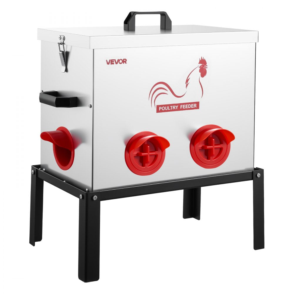 VEVOR Automatic Chicken Feeder, 40 lbs Capacity, 6 Feeding Ports No-Waste Poultry Feeder with Built-In Divider, with Latch & Handle, Metal Construction, for Chickens Bantams Pheasants Poultry Coop
